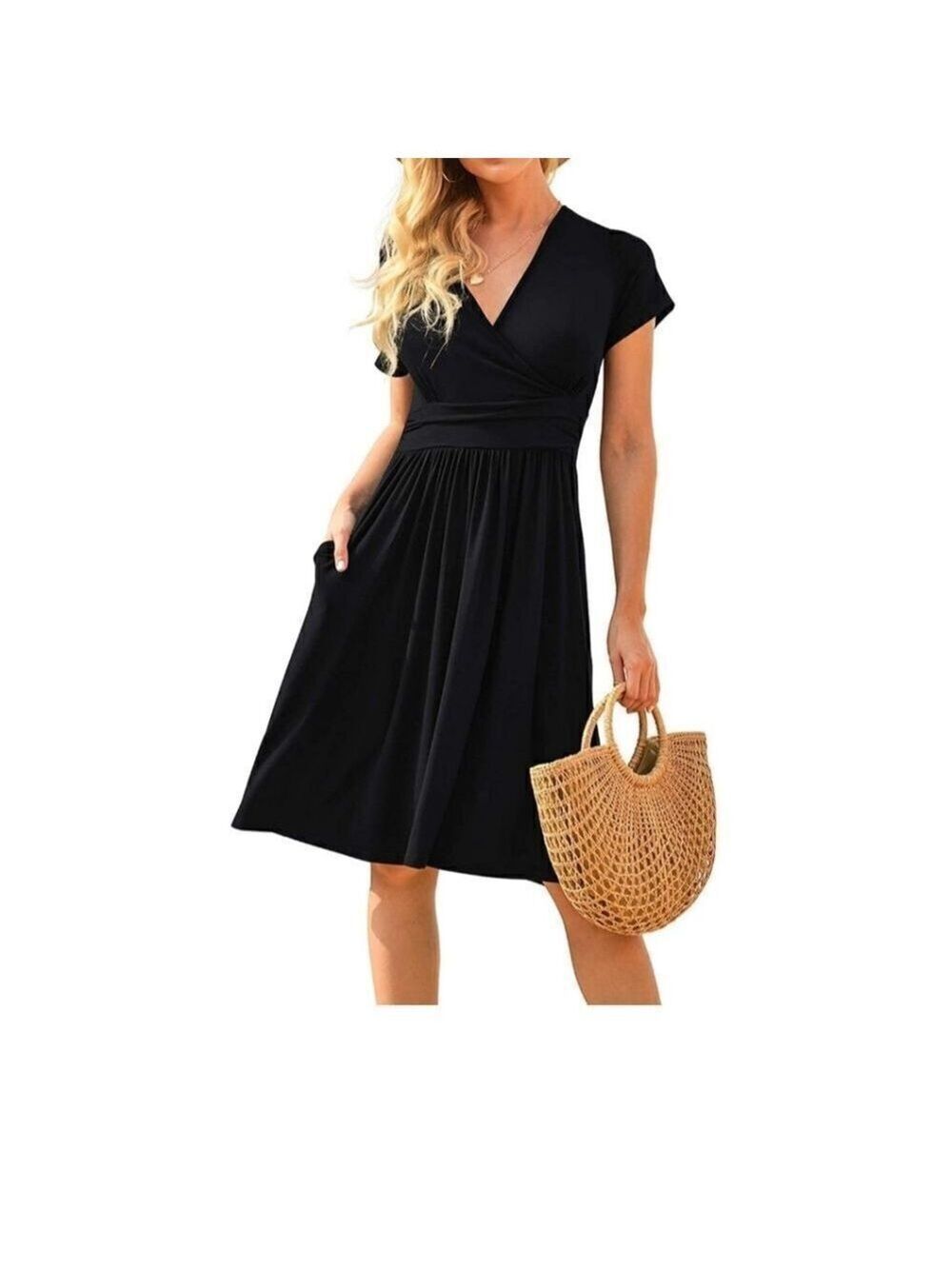 NWT Popyoung Women Summer Short Sleeve  V-Neck 2 Pocket Dress Size S